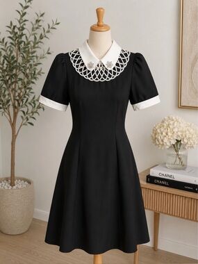 Black Midi Dress with Decorative White Collar